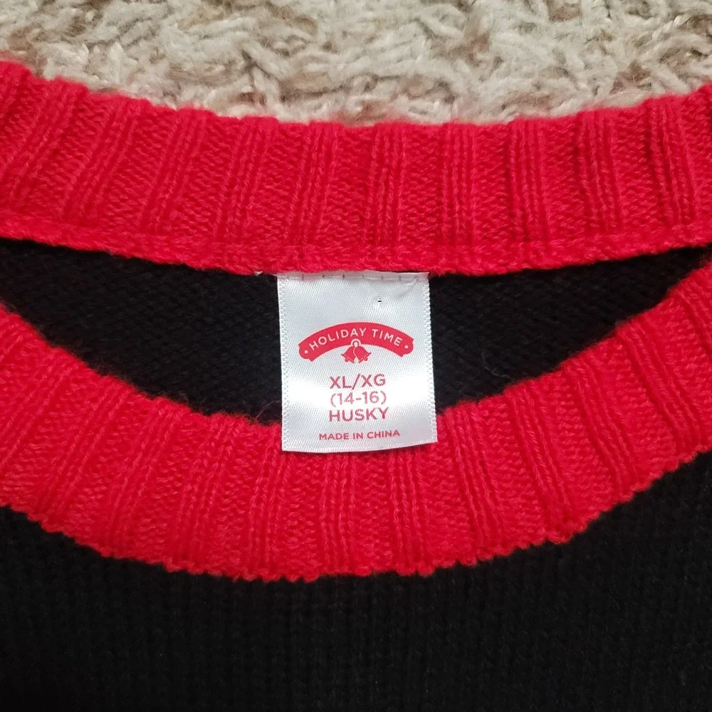 Holiday Time Ugly Christmas‎ Sweater XL 14-16 Husky Black Meowy Christmas Cat